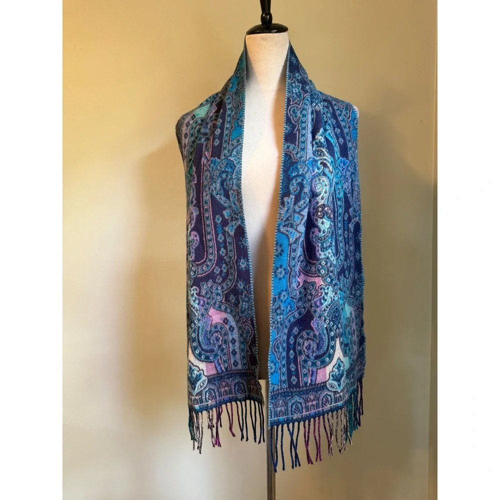 Fraas Cashmink Scarf Blue Purple Paisley Bohemian Fringe boho whimsigoth paisley - Picture 3 of 5